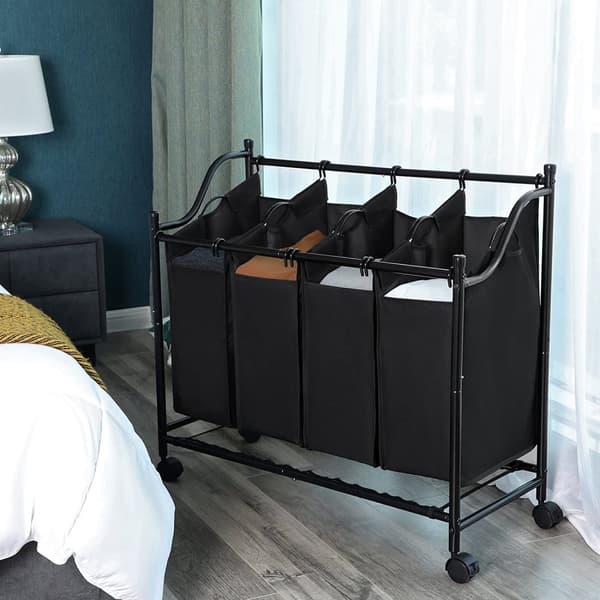 Tvättkorg -Tvättvagn med 4 avtagbara tygpåsar, 4 x 35L, Svart