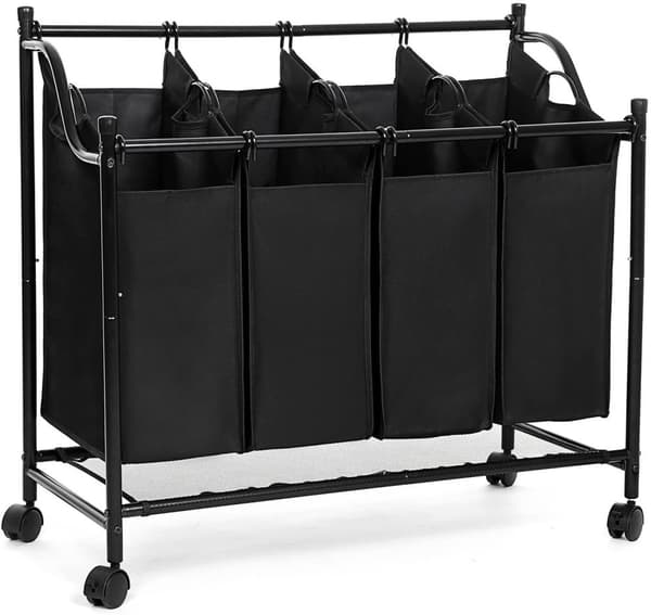 Tvättkorg -Tvättvagn med 4 avtagbara tygpåsar, 4 x 35L, Svart