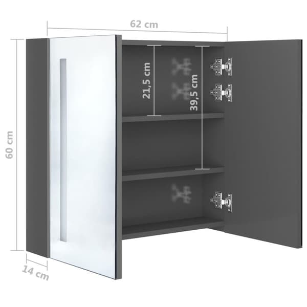vidaXL badeværelsesskab m. spejl + LED-lys 62x14x60 cm skinnende grå