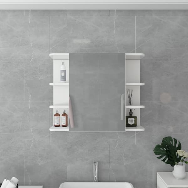 ML Design Mirror kaappi kylpyhuone valkoinen 80x64x21cm, kylpyhuone kaappi peili, ovi ja 8 hyllyt, runsaasti säilytystilaa, kylpyhuone kaappi MDF puu
