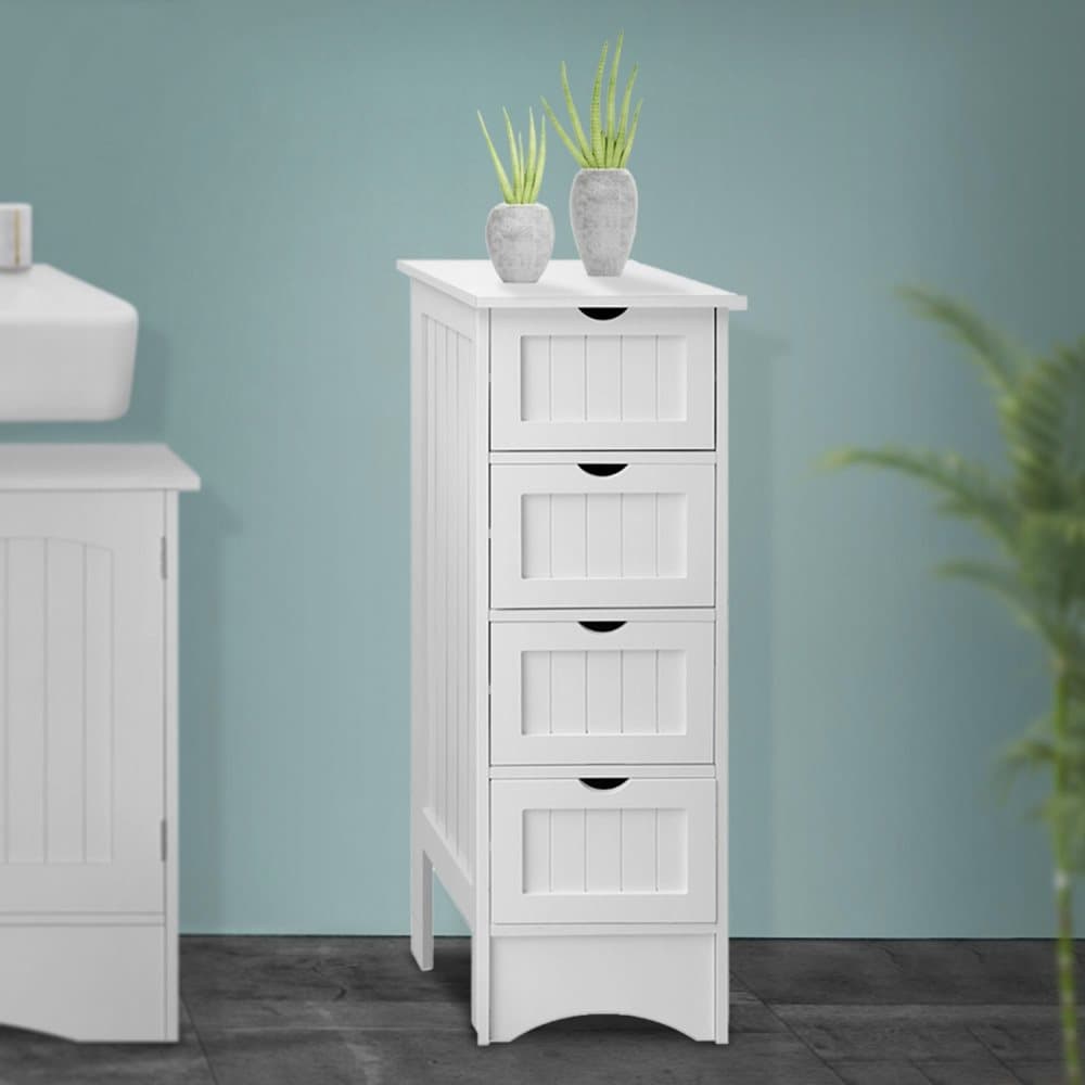 ML Design Badrumsskåp Vit, 30x81x30cm, smal badrumsskåp med 4 lådor, gott om förvaringsutrymme, fristående, lanthusstil, badklänning från mdf trä