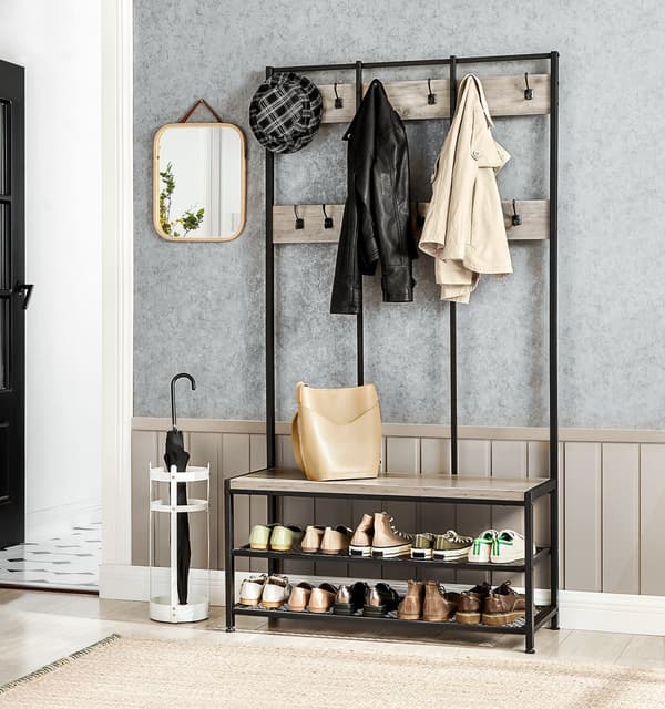 Klädhängare med 12 klädkrokar, sittbänk och skohyllor Greige