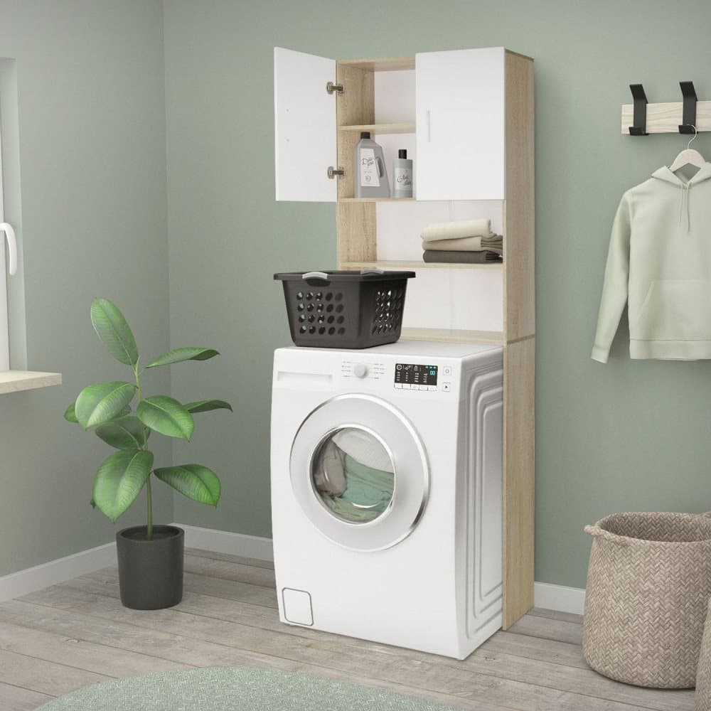 ECD Germany Tvättmaskinskåp med 2 dörrar och 2 öppna fack, 190x62,5 cm, Vit /Sonoma ek, Badrumsskåp för tvättmaskin / torktumlare, högskåp Badrumsskåp