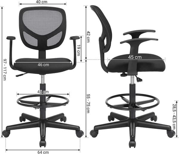 Ergonomisk Kontorsstol Hög Sitthöjd 55-75 cm Arbetsstol