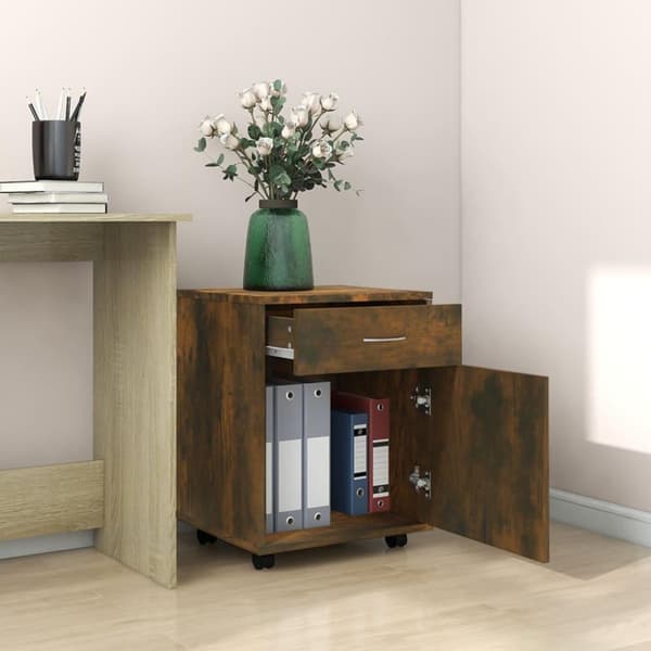 vidaXL skab med hjul 45x38x54 cm konstrueret træ røget egetræ