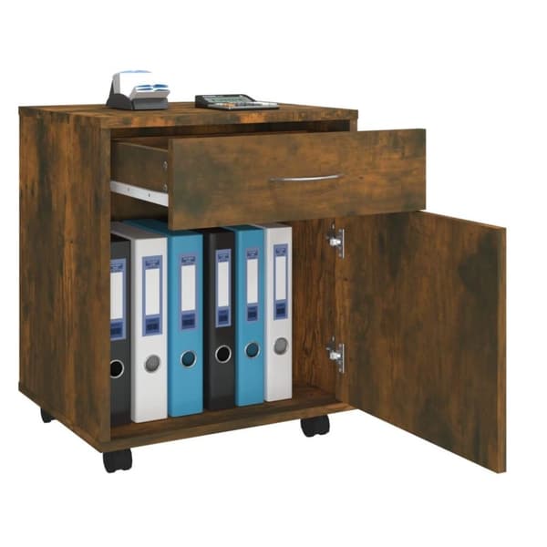 vidaXL skab med hjul 45x38x54 cm konstrueret træ røget egetræ