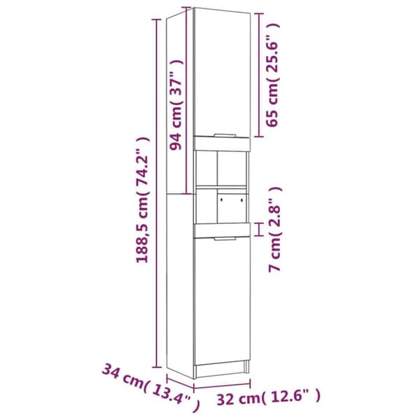 vidaXL badeværelsesskab 32x34x188,5 cm konstrueret træ brunt egetræ