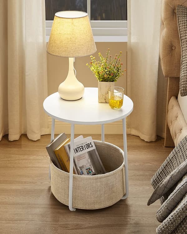 Runt Sidobord med Tygkorg 45 x 50 cm Vit-Beige