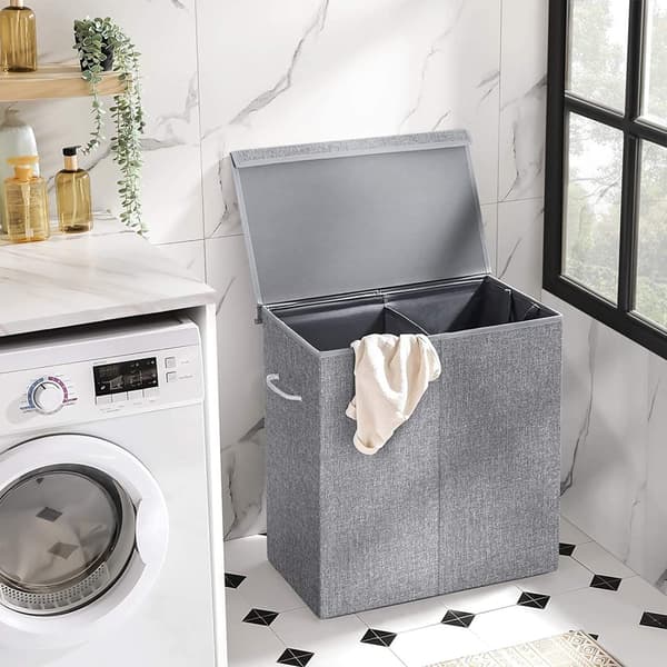 Tvättkorg 2 fack 142L med avtagbart tvättbart tygpåse 68.9 x 39.9 x 6.5 cm Grå