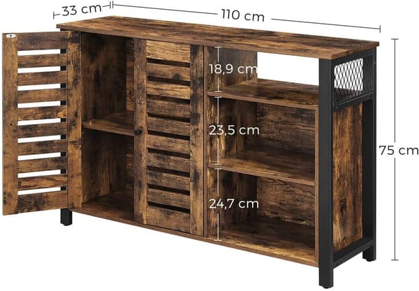 Förvaringsskåp, skänk med 2 dörrar, öppna hyllor Industriellstil 110 x 33 x 75 cm