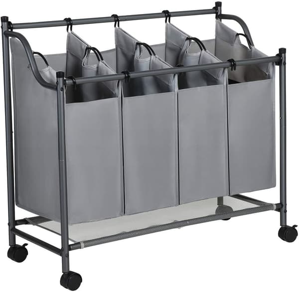 Tvättkorg -Tvättvagn med 4 avtagbara tygpåsar 4 x 35L, Grå