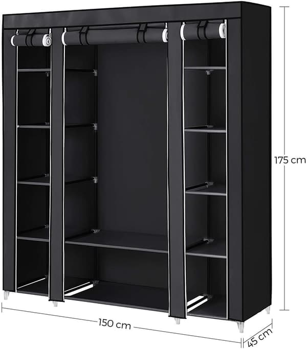 Bärbar Garderob med 2 Klädstång , 12 Hyllor 150 x 45 x 175 cm Svart