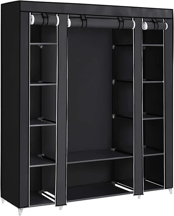 Bärbar Garderob med 2 Klädstång , 12 Hyllor 150 x 45 x 175 cm Svart