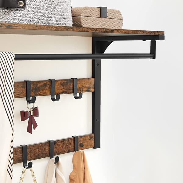 Vägghylla med dubbel klädhängare och klädstång, Vintage brun-svart 65 x 30 x 42 cm
