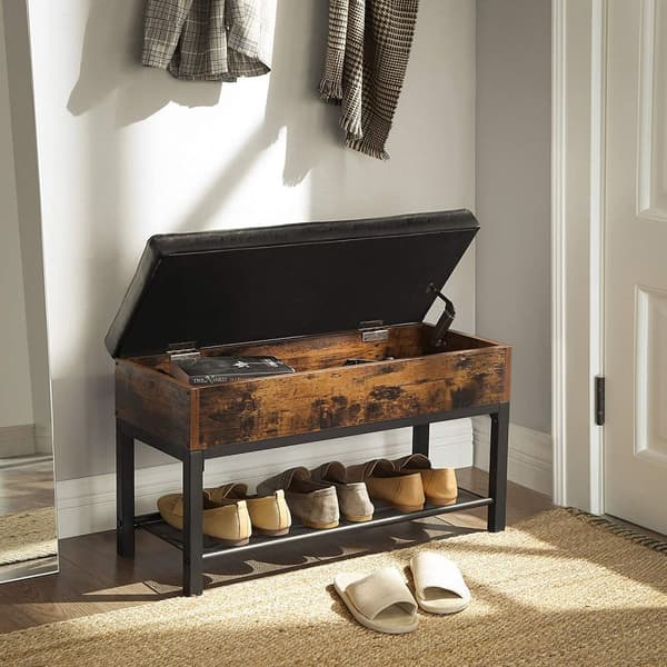Sittbänk med förvaringskista, skohylla, skinn dyna Vintage brun-svart 70 x 30 x 45 cm