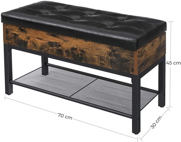 Sittbänk med förvaringskista, skohylla, skinn dyna Vintage brun-svart 70 x 30 x 45 cm