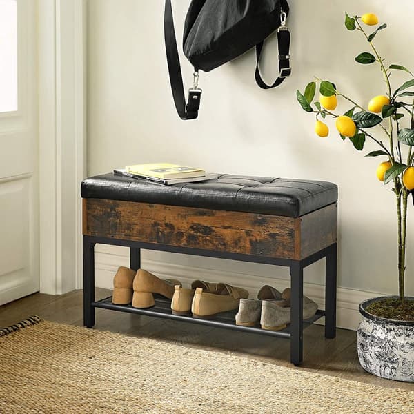 Sittbänk med förvaringskista, skohylla, skinn dyna Vintage brun-svart 70 x 30 x 45 cm