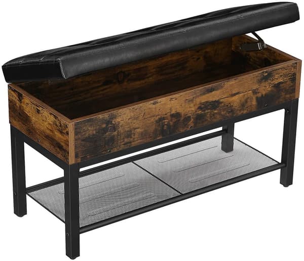 Sittbänk med förvaringskista, skohylla, skinn dyna Vintage brun-svart 70 x 30 x 45 cm