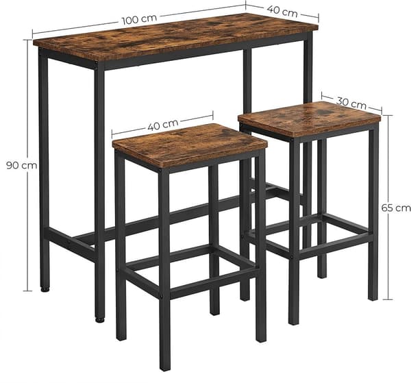 Barbord set med 2 barstolar i industriell stil Vintage beun-svart