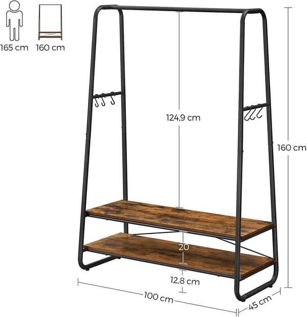 Klädställning med Klädstång, hyllor, krokar - Industriell Design 100 x 45 x 160 cm