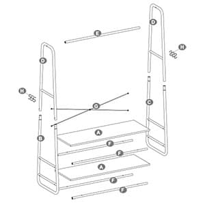 Klädställning med Klädstång, hyllor, krokar - Industriell Design 100 x 45 x 160 cm