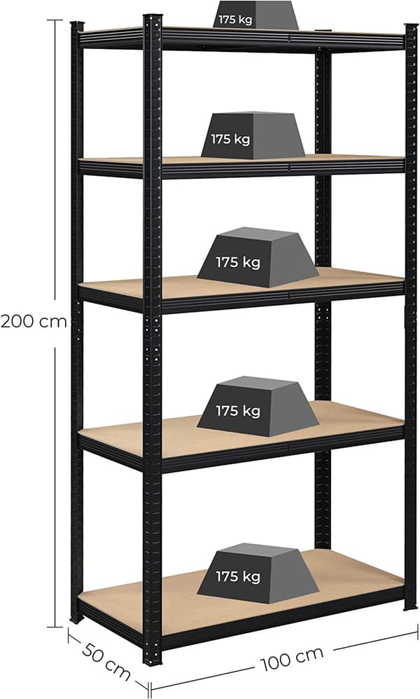 Förvaringshylla 100x50x200 cm, Max. Belastning 875 kg Heavy Duty - Svart