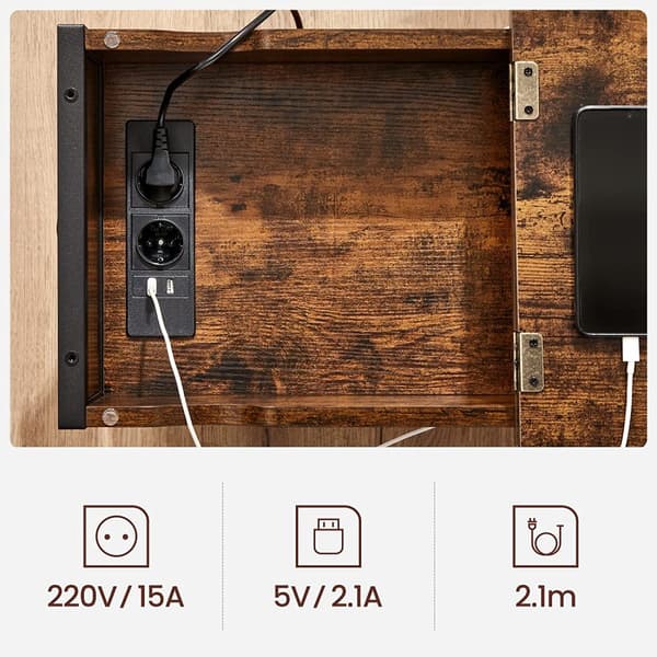 Sidobord med Inbyggd Eluttag, Mobil laddare, Förvaringslåda Vintage brun-svart