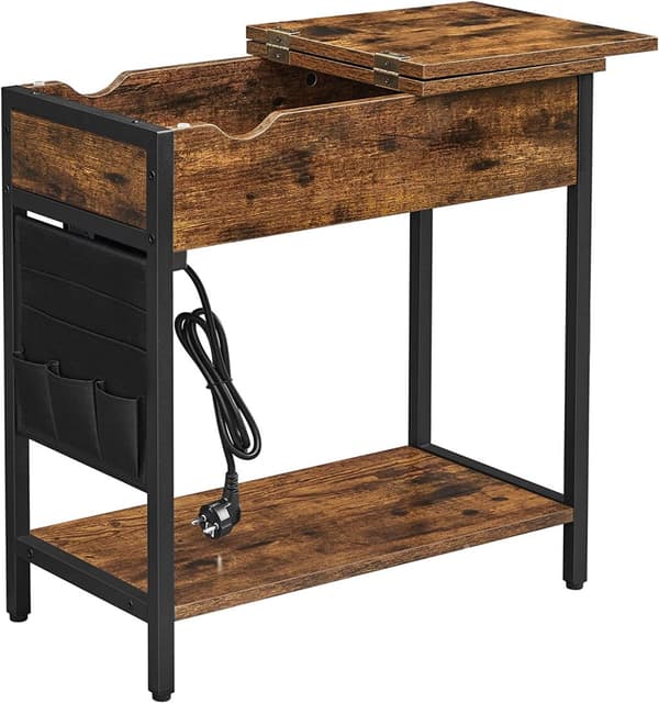 Sidobord med Inbyggd Eluttag, Mobil laddare, Förvaringslåda Vintage brun-svart