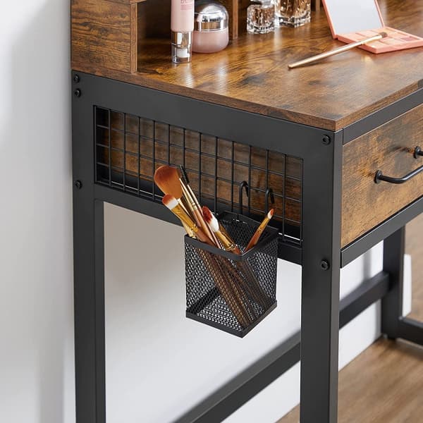 Sminkbord med Tredelad spegel, Hårtorkhållare, 3 lådor, pall - industriellstil