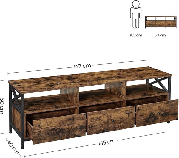 TV-Bänk 147x40x50cm Industriell Design för upp till 65 tums TV med 3 lådor