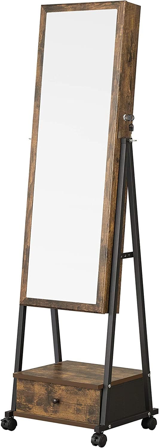 Rullbar Spegelskåp - Låsbar skåp för smink/smycken med låda - Vintage Brun/Svart