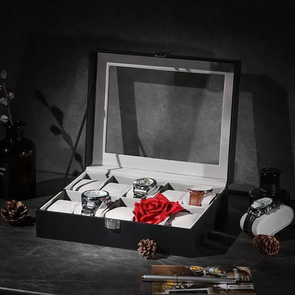 10-fack klockbox med glaslock Elegant Klockförvaring för 10 Klockor