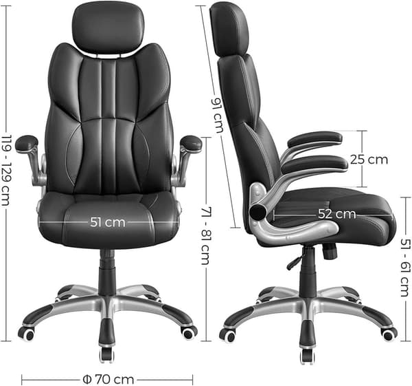 Ergonomisk Kontorsstol med fällbara armstöd, justerbar nackstöd, 150 kg belastning - svart