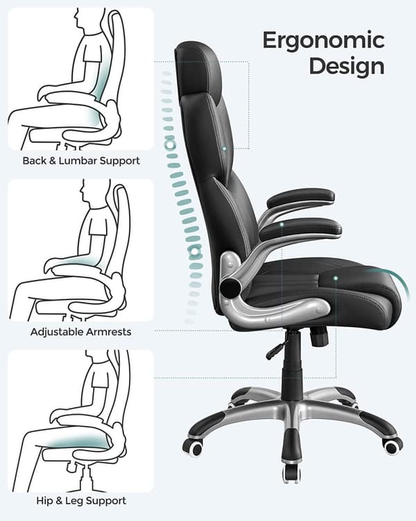Ergonomisk Kontorsstol med fällbara armstöd, justerbar nackstöd, 150 kg belastning - svart