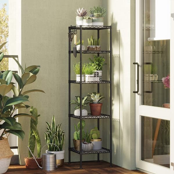 Metall Förvaringsställ 30x30x123,5 cm Flexibel Hyllor med krokar - svart