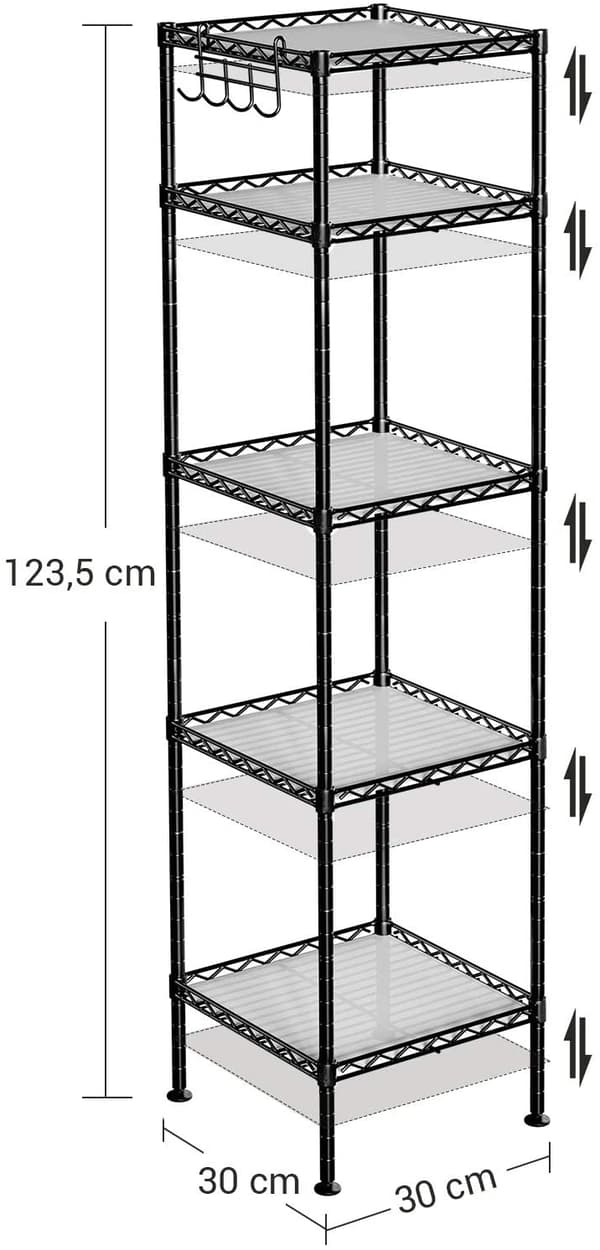 Metall Förvaringsställ 30x30x123,5 cm Flexibel Hyllor med krokar - svart
