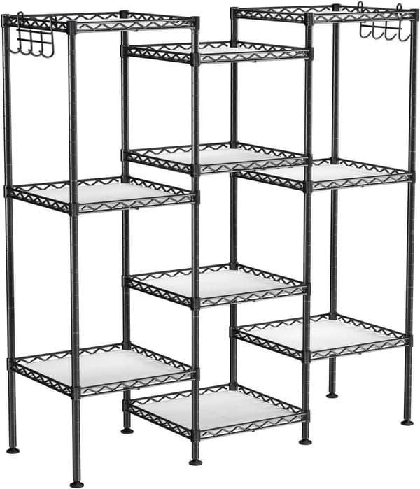 Metall Förvaringsställ 30x30x123,5 cm Flexibel Hyllor med krokar - svart