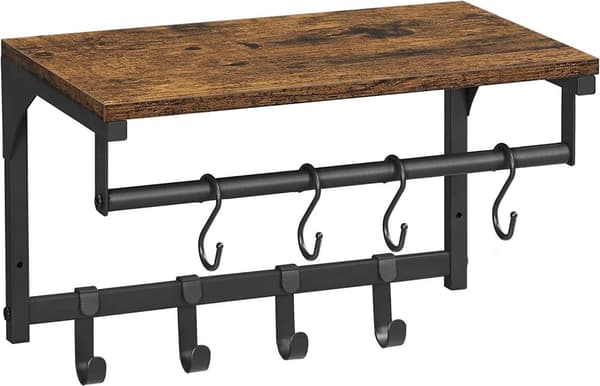 Vägghylla med klädhängare och klädstång ‎24 x 40 x 24 cm Vintage brun-svart