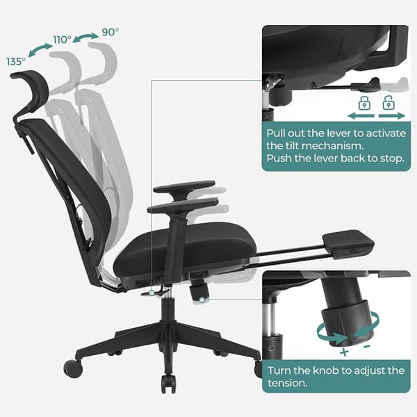Ergonomisk kontorsstol med fotstöd - Svart