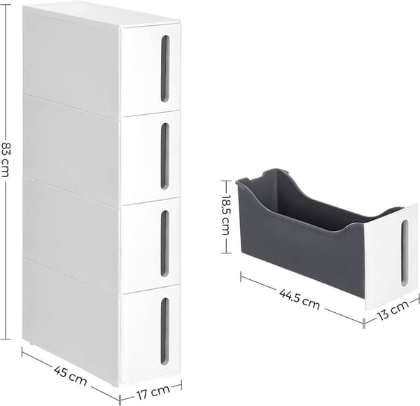 Tunn Förvaring 4 Lådor 45 x 17 x 84 cm Rullbar Vit Plast