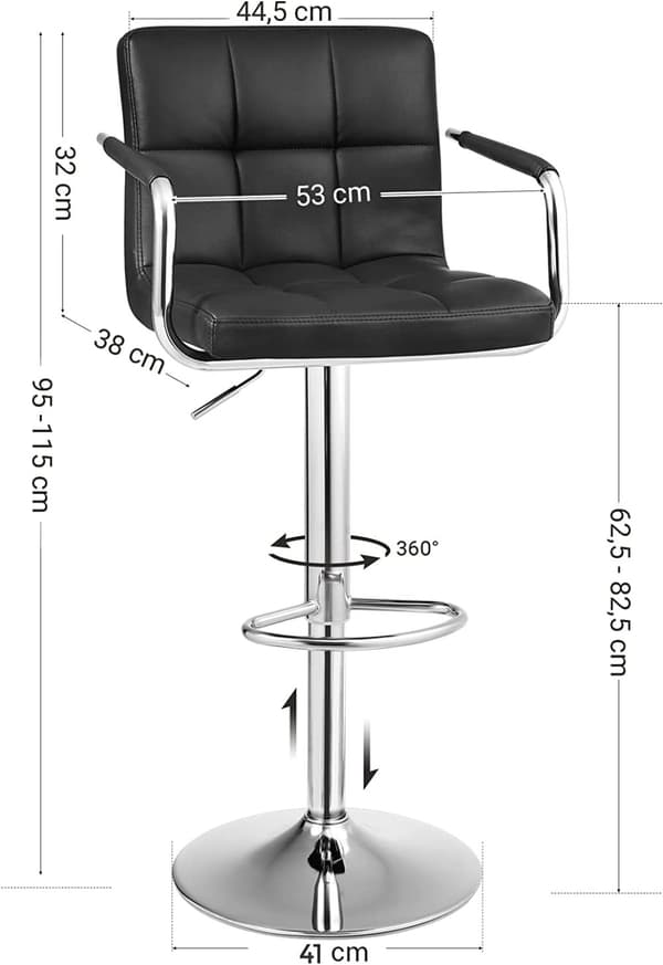2 st Barstol höjdjusterbar med handtag krom och svart skinn 38 x 44,5 x (95-115) cm
