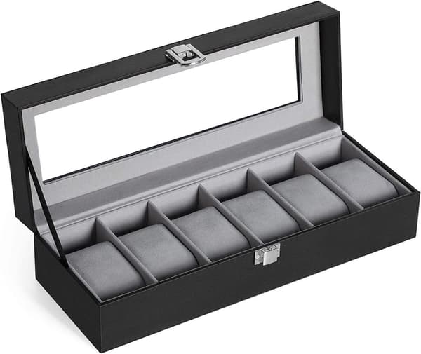 Klockbox 6-fack med glaslock och lås 30 x 11,2 x 8 cm svart