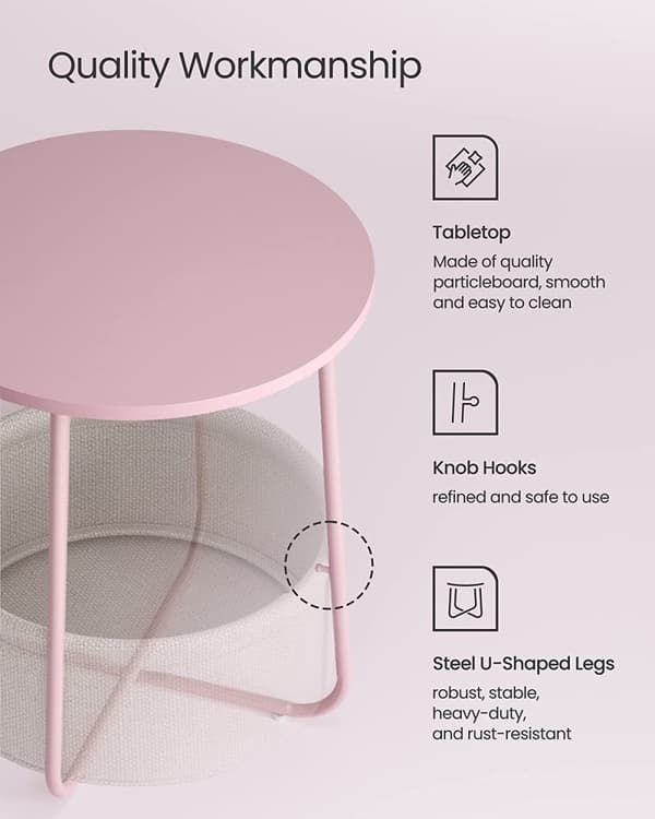 Sidobord med Tygkorg - 50 cm - Pastellrosa / Off-white