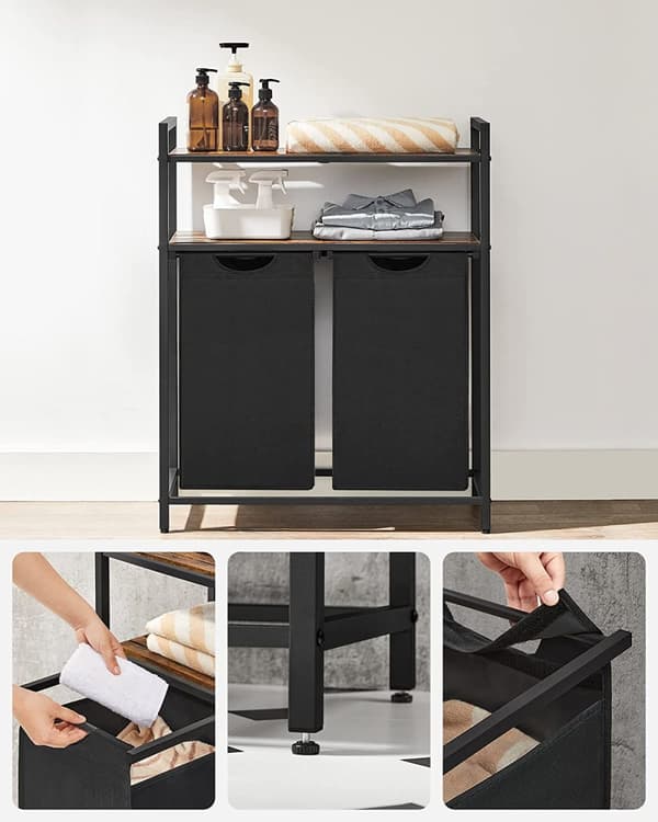 Tvättkorg Ställ 2 Fack med 2 Hyllor 73 x 33 x 91 cm
