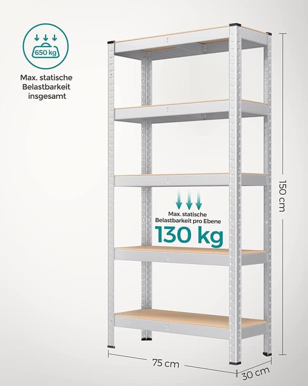 Heavy Duty Förvaringshylla 75 x 30 x 150 cm - 650 kg - Vit