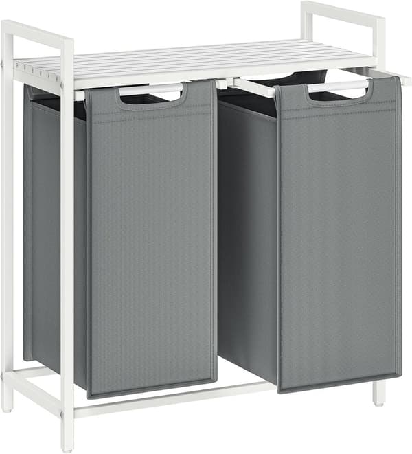 Tvättkorg Ställ Dubbel (2 x 46 L) Uttagbara Fack 73 x 33 x 72 cm Vit / Grå