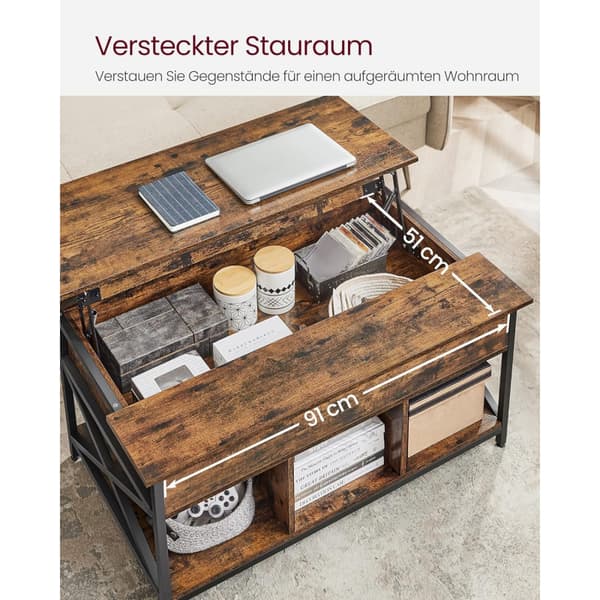 Soffbord Lift-Top Höjbar Bordskiva 60 x 100 x (48-62) cm Vintage Brun