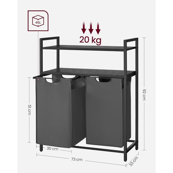Tvättkorg Ställ 2 Fack (2x 46 L) med 2 Hyllor 73 x 33 x 92 Svart