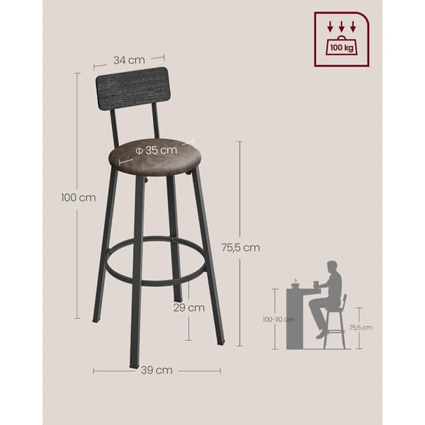 x2 Barstolar Set 75,5 cm Läder Mörkbrun Svart med Ryggstöd