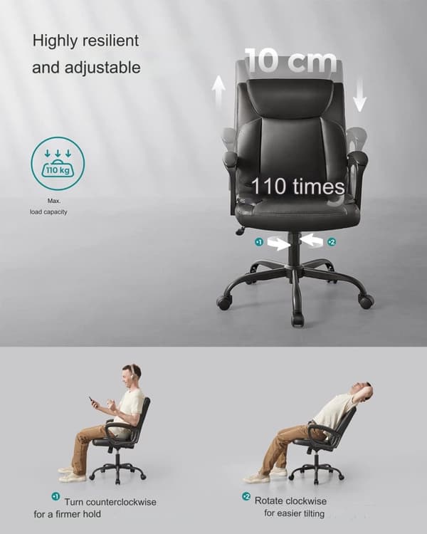 Ergonomisk Kontorsstol Vippfunktion Svart Läder